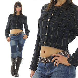 Vintage 90s Grunge Black plaid button crop jacket top - shabbybabe
 - 5