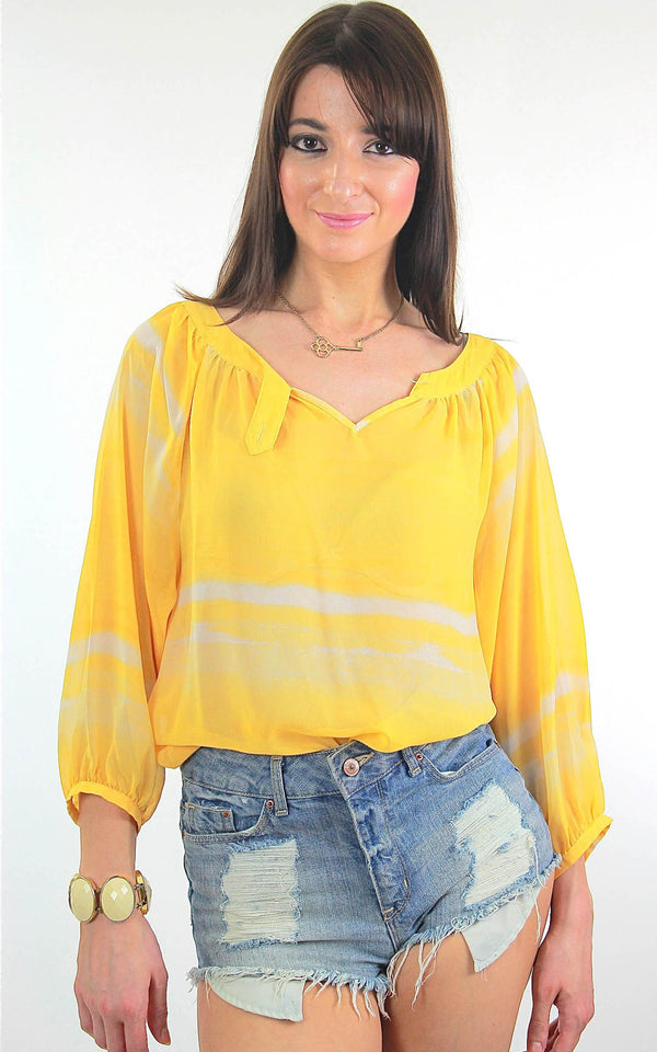 70s Boho Sheer draped tie dye yellow peasant top shirt - shabbybabe
 - 1