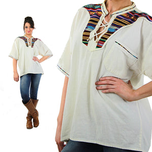 70s Mexican embroidered lace up hippie boho blouse - shabbybabe
 - 5